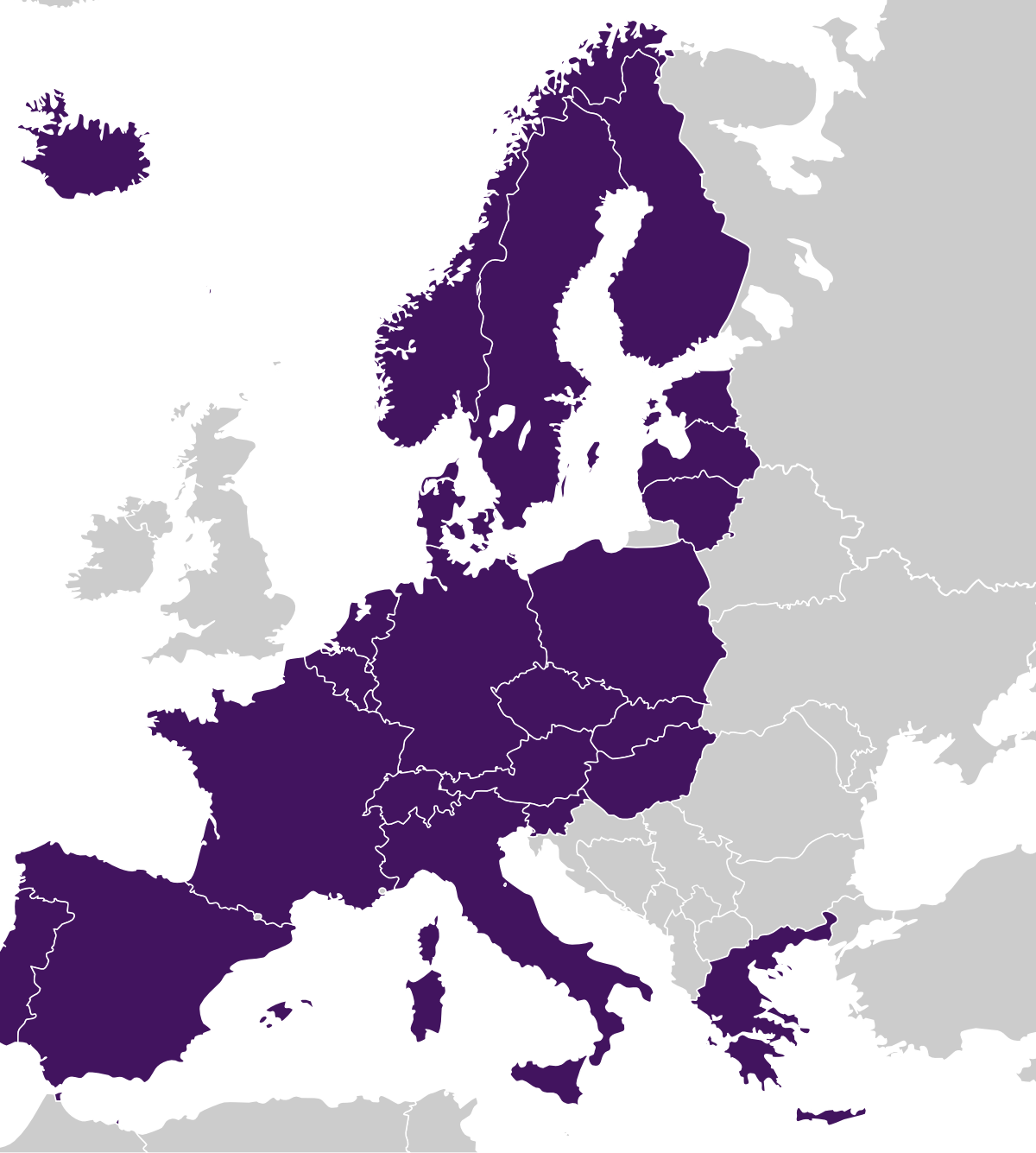 Kaart van het Schengen gebid
