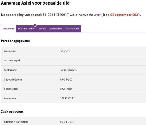 Beeldschermafbeelding van tabblad Gegevens in lopende asielzaak Portaal voor Advocaten