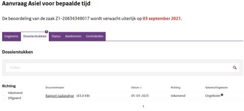Beeldschermafbeelding lopende asielzaak, tabblad Dossierstukken Portaal voor Advocaten