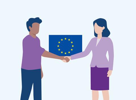 illustratie van twee mensen die elkaar de hand schudden voor een Europese vlag