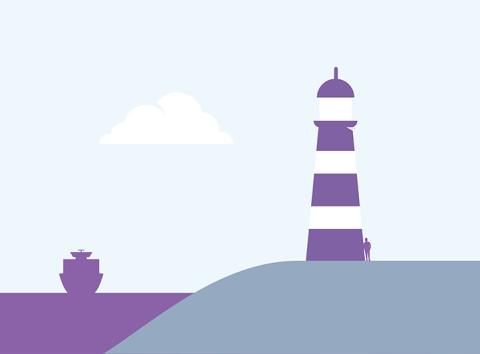 Illustratie van een vergezicht met zee, een dijk met daarop een vuurtoren