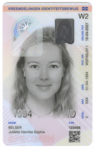 Vreemdelingen Identiteitsbewijs voorzijde W2-document model 2014
