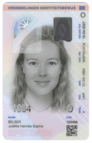 Vreemdelingen Identiteitsbewijs voorzijde type O-document model 2026