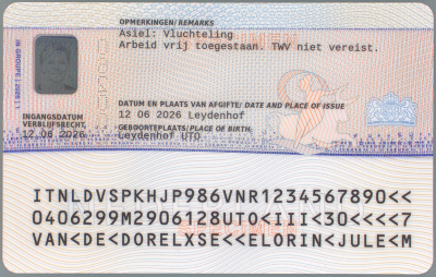 Verblijfsdocument asiel voor vluchteling model 2026 achterkant 